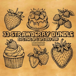 Puede incluir: Seis ilustraciones de fresas en blanco y negro, incluyendo fresas enteras, un pastel, una magdalena y fresas cortadas. El texto "33 STRAWBERRY BUNDLE" se muestra encima de las ilustraciones, con información sobre tipos de archivo.