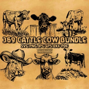 May include: A bundle of 369 black and white vector illustrations of cows and cattle. The illustrations are in a vintage style and include a cow wearing sunglasses, a cow wearing a cowboy hat, and a cow drinking from a pond. The text "369 Cattle Cow Bundle" is at the top of the image. The text "SVG PNG JPG EPS DXF PDF" is below the title. The text "White Cutout Transparent" is below the file types.