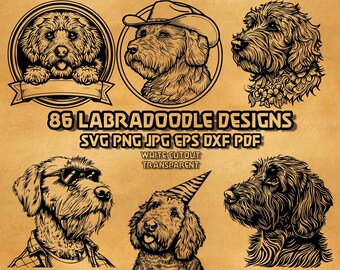 Labradoodle SVG Bundle 86 Monogram Cowboy Sunglasses Illustrations Line Art for Engraving Vector Graphics Detailed Canine Craft Collection