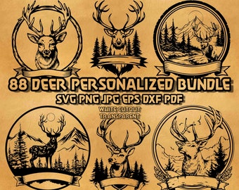 Personalized Deer Svg Bundle, Monogram Split Deer Svg, Deer With Text Banner Svg, Deer Antler Text Svg, Personalized Hunting Svg Png Bundle