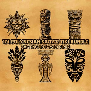 Könnte beinhalten: Eine Sammlung von sechs schwarzen polynesischen Tiki-Designs, darunter ein Sonnengesicht, Totempfähle und Masken. Der Text lautet "174 Polynesian Sacred Tiki Bundle" mit Dateiformatoptionen. Die Designs sind weiß ausgeschnitten und transparent.