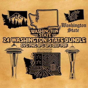 État de Washington contour SVG Bundle, Space Needle État de Washington État américain carte Svg Png Eps, monogramme de l'État de Washington graver des cliparts fichier
