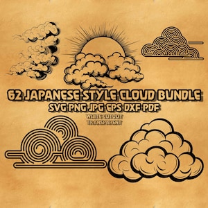 May include: A set of 62 Japanese style cloud illustrations in black and white. The clouds are in various shapes and sizes, some with a sunburst design. The text "62 Japanese Style Cloud Bundle SVG PNG JPG EPS DXF PDF White Cutout Transparent" is at the bottom of the image.