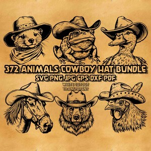 Könnte beinhalten: Digitale Illustration mit sechs Tieren, die Cowboyhüte tragen. Die Tiere sind ein Frettchen, ein Frosch, eine Ente, ein Pferd, ein Bär und ein Huhn. Der Text lautet "372 ANIMALS COWBOY HAT BUNDLE" und enthält Dateitypinformationen.