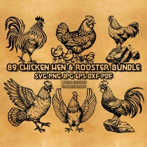 Puede incluir: Un conjunto de 89 ilustraciones vectoriales en blanco y negro de pollos y gallos. Las ilustraciones son de estilo vintage y presentan diversas poses y expresiones. El texto "89 CHICKEN HEN & ROOSTER BUNDLE SVG PNG JPG EPS DXF PDF WHITE CUTOUT TRANSPARENT" está en la parte inferior de la imagen.