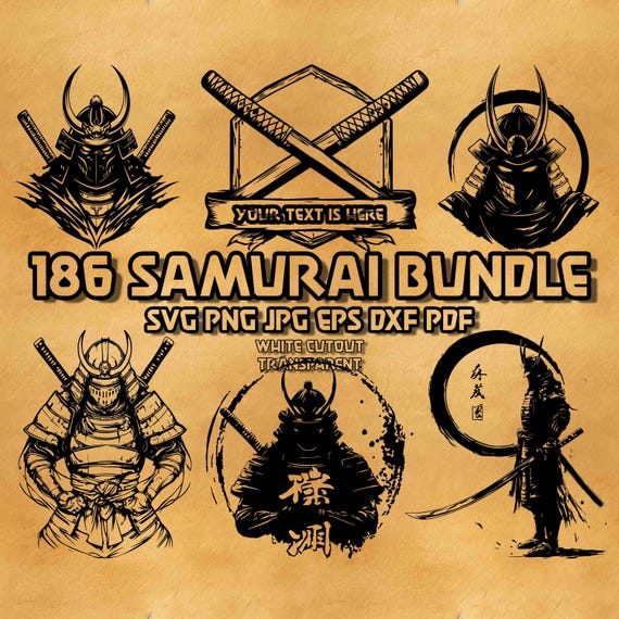 Samurai SVG Bundle Japanese Warrior Illustrations Katana Sword Kabuto Helmet Armor Ronin Shogun Line Art Clipart Vector Graphics Digital