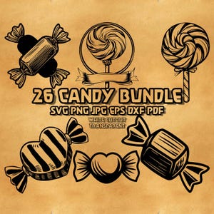 Peut inclure: Illustrations de bonbons en noir et blanc, comprenant des bonbons emballés, un bonbon en forme de cœur et des sucettes. Le texte "26 CANDY BUNDLE" est affiché, ainsi que des informations sur les types de fichiers : SVG PNG JPG EPS DXF PDF. Les mots "WHITE CUTOUT TRANSPARENT" sont également présents.