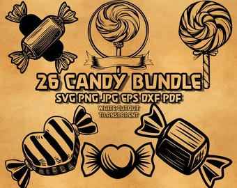 Puede incluir: Ilustraciones de caramelos en blanco y negro, que incluyen caramelos envueltos, un caramelo en forma de corazón y piruletas. Se muestra el texto "26 CANDY BUNDLE", junto con información sobre el tipo de archivo: SVG PNG JPG EPS DXF PDF. También están presentes las palabras "WHITE CUTOUT TRANSPARENT".
