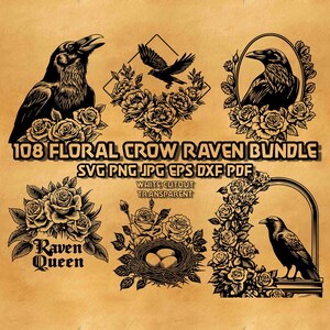 Floral Crow Raven SVG Bundle Gothic Botanical Bird Illustrations Rose Wrapped Dark Art Line Art Vintage Raven Portrait Clipart Horror Vector
