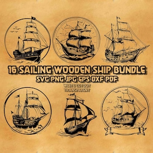 Op de afbeelding: Een digitaal grafisch pakket met 16 zwart-witillustraties van houten zeilschepen in cirkelvormige kaders. De tekst luidt 16 SAILING WOODEN SHIP BUNDLE SVG PNG JPG EPS DXF PDF WHITE CUTOUT TRANSPARENT op een getextureerde beige achtergrond.