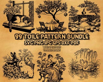 Paquete SVG Toile de Jouy 99 Ilustraciones campestres francesas Campestre Casa de campo Castillo Arte lineal Decoración vintage para el hogar Gráficos vectoriales Diseño digital