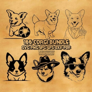 Puede incluir: Una colección gráfica digital que presenta seis ilustraciones de líneas en blanco y negro de perros Corgi en varias poses, incluyendo uno con un balón, uno en esmoquin, uno con sombrero de vaquero y uno con gafas de sol. El texto dice 166 CORGI BUNDLE.