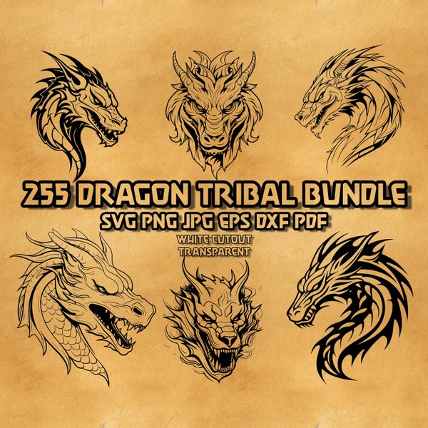 Dragon Tribal Svg Bundle, Dragons Head Svg, Tribal Lizard Svg, Dragon Cut File, détaillé Dragon tatouage tribal svg, svg animal, dxf, png