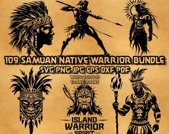 109 Samoansk Native Warrior SVG-paket: Polynesiska tribaltatueringsillustrationer, Tiki-mask från Stillahavsöarnas linjekonst, vektorgrafik