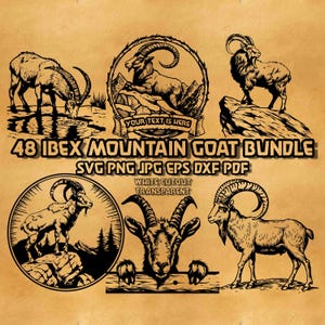 Ibex Mountain Goat Cow Svg Bundle, Wild Alpine Goat Svg Bundle, Svg of goat climbing up hillside, Goat monogram Svg, Capra Horned Svg Vector