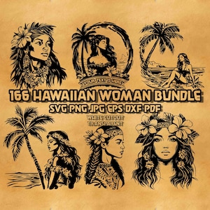 May include: A digital download bundle of 166 black and white illustrations of Hawaiian women. The illustrations feature women with flowers in their hair, tropical plants, and palm trees. The text "YOUR TEXT IS HERE" is included in the image. The text "166 HAWAIIAN WOMAN BUNDLE SVG PNG JPG EPS DXF PDF WHITE CUTOUT TRANSPARENT" is also included in the image.
