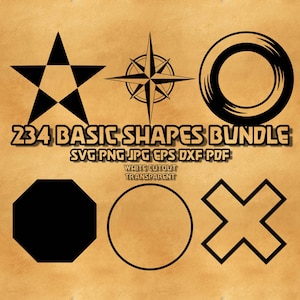 May include: A collection of black geometric shapes, including a star, compass rose, and circle, against a tan background. The text "234 BASIC SHAPES BUNDLE" is displayed, along with file type information: SVG PNG JPG EPS DXF PDF.