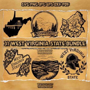 Zestaw 31 elementów SVG ze stanem Wirginia Zachodnia – mapa konturowa, góry i zestaw grafik kwiatowych