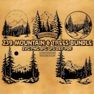 Ensemble Svg montagne et arbres, monogramme de scène de montagne, Svg de scène de forêt, conception de paysage de pin forestier, scène de nature sauvage png, belle nature