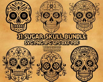 Sugar Skull SVG Bundle 31 Day of the Dead Calavera Illustrations Floral Line Art Vector Graphics Digital Design Clipart Collection