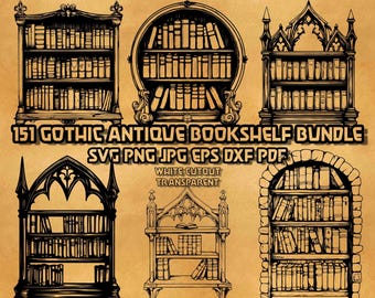 Puede incluir: Un conjunto de 10 ilustraciones de estanterías góticas antiguas en blanco y negro. Las ilustraciones están en formato SVG, PNG, JPG, EPS, DXF y PDF. El texto "151 Gothic Antique Bookshelf Bundle" está en la parte superior de la imagen. El texto "SVG PNG JPG EPS DXF PDF" está debajo del texto "151 Gothic Antique Bookshelf Bundle". El texto "White Cutout Transparent" está debajo del texto "SVG PNG JPG EPS DXF PDF".