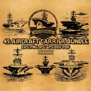 Könnte beinhalten: Eine Sammlung von Schwarz-Weiß-Illustrationen von Flugzeugträgern auf beigem Hintergrund. Der Text "45 AIRCRAFT CARRIER BUNDLE" ist prominent dargestellt. Zusätzlicher Text beinhaltet "SVG PNG JPG EPS DXF PDF" und "WHITE CUTOUT TRANSPARENT".