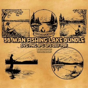 Man Fishing Lake SVG Bundle 56 Rustika Angler Illustrationer Lakeshore Sublimering Clipart Vektorgrafik Digital Design Samling Set