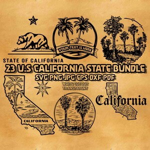 Ensemble de contours de l'État de Californie, Golden State png noir et blanc, cliparts sur le thème de la Californie pour projets de gravure, silhouette Californie