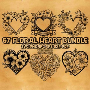 Pacote Floral Coração Svg, Monograma Coração Coroa Svg, Coração Flores svg, Floral Romântico Svg, Coração com Flores, Dia dos Namorados Casamento Png