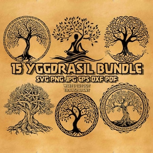 Könnte beinhalten: Ein Set mit 15 schwarzen und weißen Yggdrasil-Lebensbaum-Dateien im SVG-, PNG-, JPG-, EPS-, DXF- und PDF-Format. Die Bilder zeigen komplizierte Designs des Baumes mit Wurzeln, Ästen und Blättern. Der Text "15 Yggdrasil Bundle" und "SVG PNG JPG EPS DXF PDF" ist im Bild enthalten. Weißer Ausschnitt transparent.