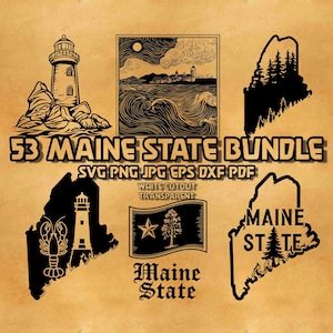 Ensemble de contours de l'État du Maine, États-Unis d'Amérique, silhouette de carte de l'État du Maine, gravure png, État du Maine avec pin et homard, scène du lac Lighthouse