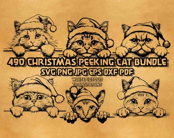 Paquete de archivos SVG de gato asomándose en Navidad, ilustraciones de gorros de Papá Noel, arte lineal detallado de razas navideñas, imágenes prediseñadas festivas, gráficos vectoriales, diseño digital