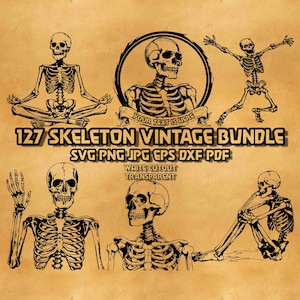 May include: A digital download bundle of 127 vintage skeleton illustrations in black and white. The illustrations are in various poses, including sitting, standing, and jumping. The text "YOUR TEXT IS HERE" is included in a circle around one of the skeletons.