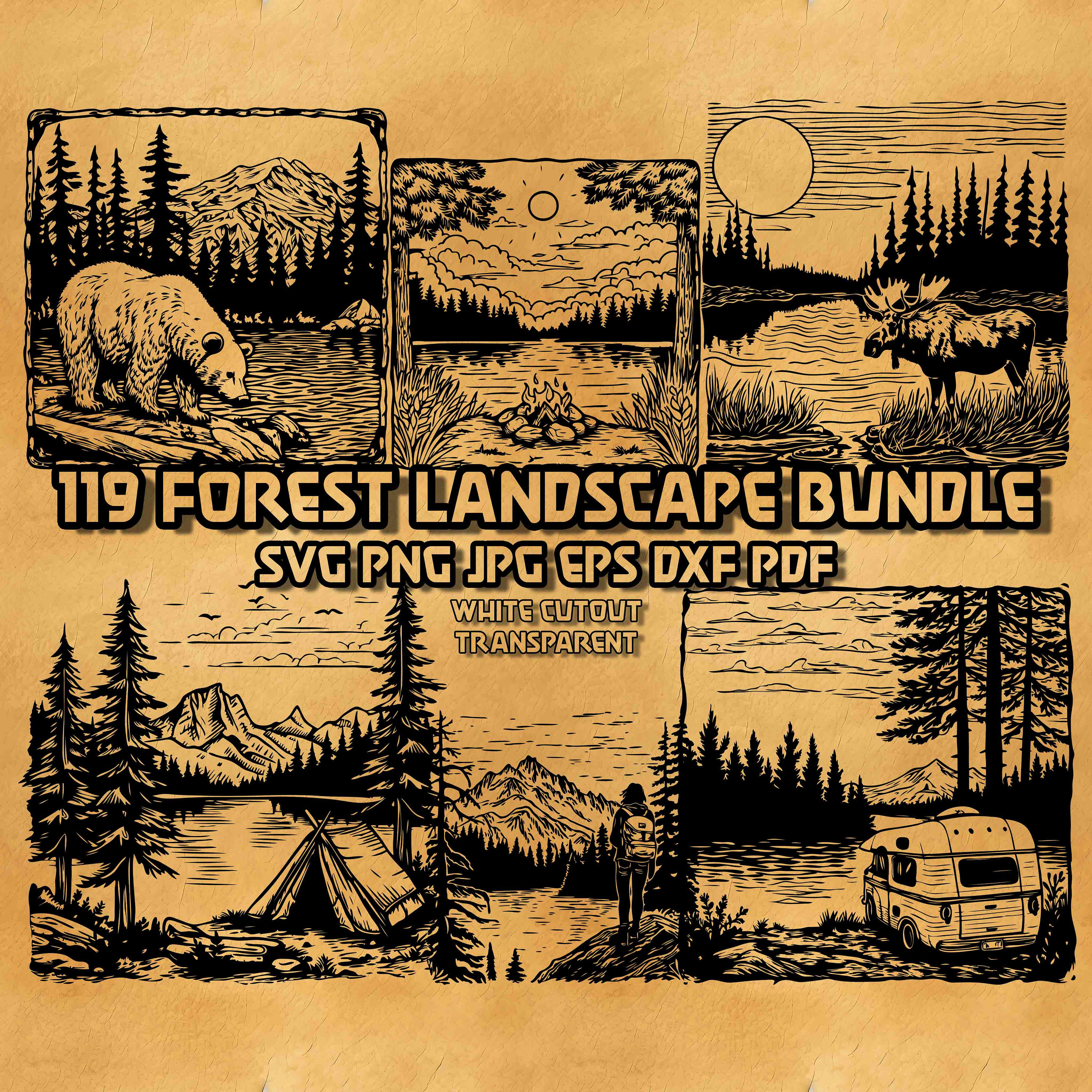 Forest Landscape SVG Bundle: Camping, Hiking, Moose, Deer (Digital Print)
