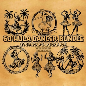 Puede incluir: Un paquete de descarga digital de 60 archivos SVG, PNG, JPG, EPS, DXF y PDF en blanco y negro con bailarinas de hula en varias poses. El texto "YOUR TEXT IS HERE" está incluido en una pancarta sobre una de las bailarinas.
