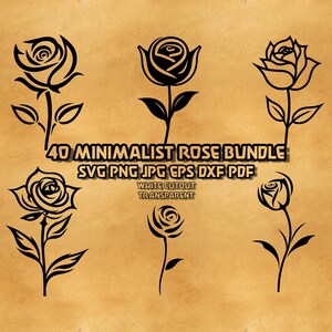 May include: A set of 40 minimalist rose SVG cut files. The roses are black and white, with a white cutout design. The files are perfect for crafting, scrapbooking, and other creative projects.