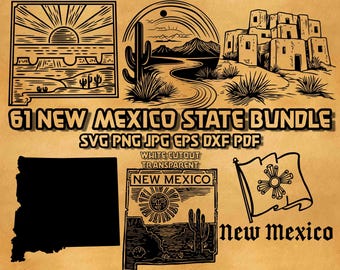 Paquete de archivos SVG con contornos de Nuevo México: Monograma de escena desértica (archivo digital)