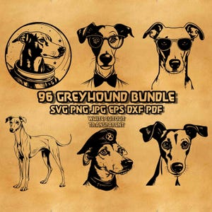 Puede incluir: Una colección digital de ilustraciones de galgos en blanco y negro con varios perros con sombreros, gafas y equipo espacial. El texto dice 96 GREYHOUND BUNDLE SVG PNG JPG EPS DXF PDF WHITE CUTOUT TRANSPARENT sobre un fondo beige.