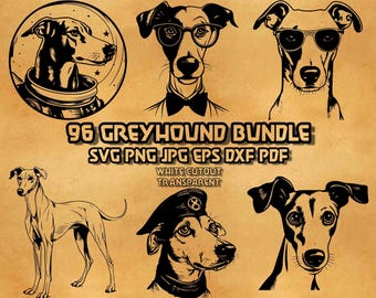 Greyhound SVG Hundpaket 96 Stiliga Gentleman Illustrationer Regal Uniform Hipster Glasögon Linjeteckningar Sighthound Hund SVG Vektorgrafik