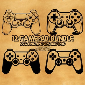 Puede incluir: Un conjunto de 12 ilustraciones de mandos de juego en blanco y negro. Las ilustraciones están en un paquete e incluyen los formatos de archivo SVG, PNG, JPG, EPS, DXF y PDF. El texto "12 Gamepad Bundle" está escrito en letras negras y negritas. El texto "SVG PNG JPG EPS DXF PDF" está escrito en letras negras. El texto "White Cutout Transparent" está escrito en letras negras.
