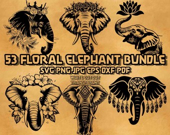 Paquete SVG de 53 elefantes florales: clipart de cabeza de elefante bohemio dibujado a mano para grabado láser