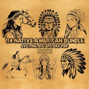 Pode incluir: Uma coleção de arte digital com tema nativo americano em preto e branco. A imagem inclui retratos, uma mulher a cavalo e o texto "114 Native American Bundle" com informações sobre tipos de arquivo.