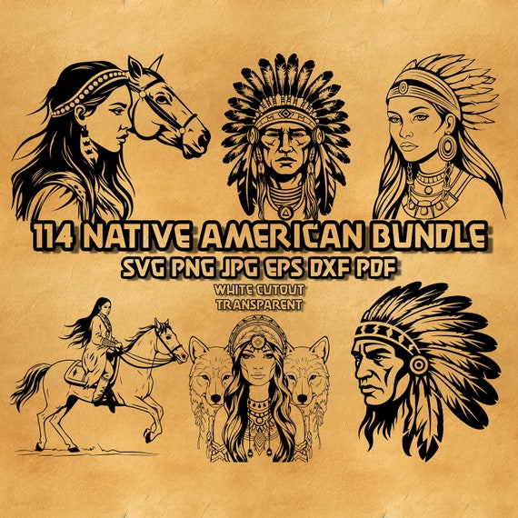 Native American SVG Bundle Tribal Warrior Illustrations Headdress Feather Line Art Instant Download 114 Vector Graphics Digital Design