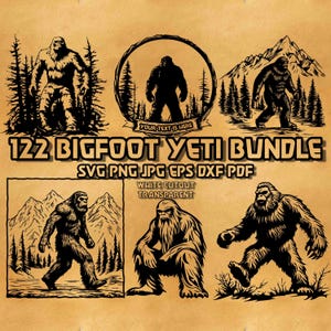 May include: A digital download bundle of 122 Bigfoot and Yeti illustrations in black and white. The illustrations are in various poses and include a mountain and forest background. The text "YOUR TEXT IS HERE" is included in a banner.