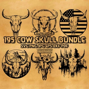 May include: A digital download bundle of 195 cow skull designs in SVG, PNG, JPG, EPS, DXF, and PDF formats. The designs feature various styles, including a cow skull with feathers, a cow skull with a mountain landscape, and a cow skull with flowers.