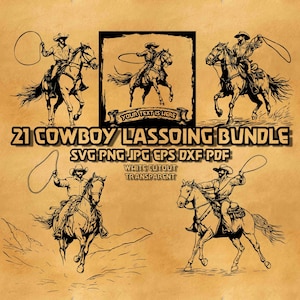 Könnte beinhalten: Eine Sammlung von 21 Cowboy-Lasso-Illustrationen im SVG-, PNG-, JPG-, EPS-, DXF- und PDF-Format. Die Bilder zeigen Cowboys auf Pferden mit Lassos, in einem weißen Ausschnitt und transparentem Design. Der Text "YOUR TEXT IS HERE" ist enthalten.