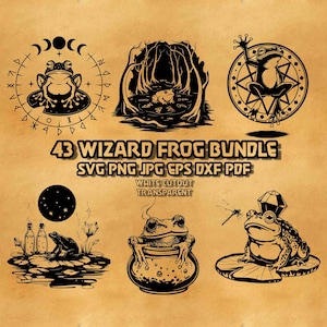 May include: A digital graphic bundle featuring 43 black and white illustrations of frogs in various mystical settings, including frogs on lily pads, in cauldrons, and with crystals. The text reads 43 WIZARD FROG BUNDLE SVG PNG JPG EPS DXF PDF.