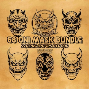 Oni Mask SVG Bundle, Japanese Traditional Demon Oni Mask Design Tattoo Engrave Png, Japanese Cultural Scary Warrior Demon Oni Mask Clipart