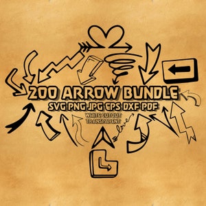 Könnte beinhalten: Eine Sammlung von 200 schwarzen und weißen Pfeil-Illustrationen in verschiedenen Stilen. Die Pfeile sind handgezeichnet und haben ein verspieltes, kritzelartiges Aussehen. Der Text "200 ARROW BUNDLE" ist in fetten, schwarzen Buchstaben geschrieben. Der Text "SVG PNG JPG EPS DXF PDF" ist in kleineren, schwarzen Buchstaben geschrieben. Der Text "WHITE CUTOUT TRANSPARENT" ist in noch kleineren, schwarzen Buchstaben geschrieben.