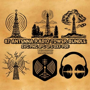Op de afbeelding: Een verzameling zwart-witte antenne radiotoren ontwerpen. De afbeelding bevat verschillende illustraties van radiotorens met signaal golven, bomen en bliksem. De tekst luidt "87 ANTENNA RADIO TOWER BUNDLE SVG PNG JPG EPS DXF PDF".